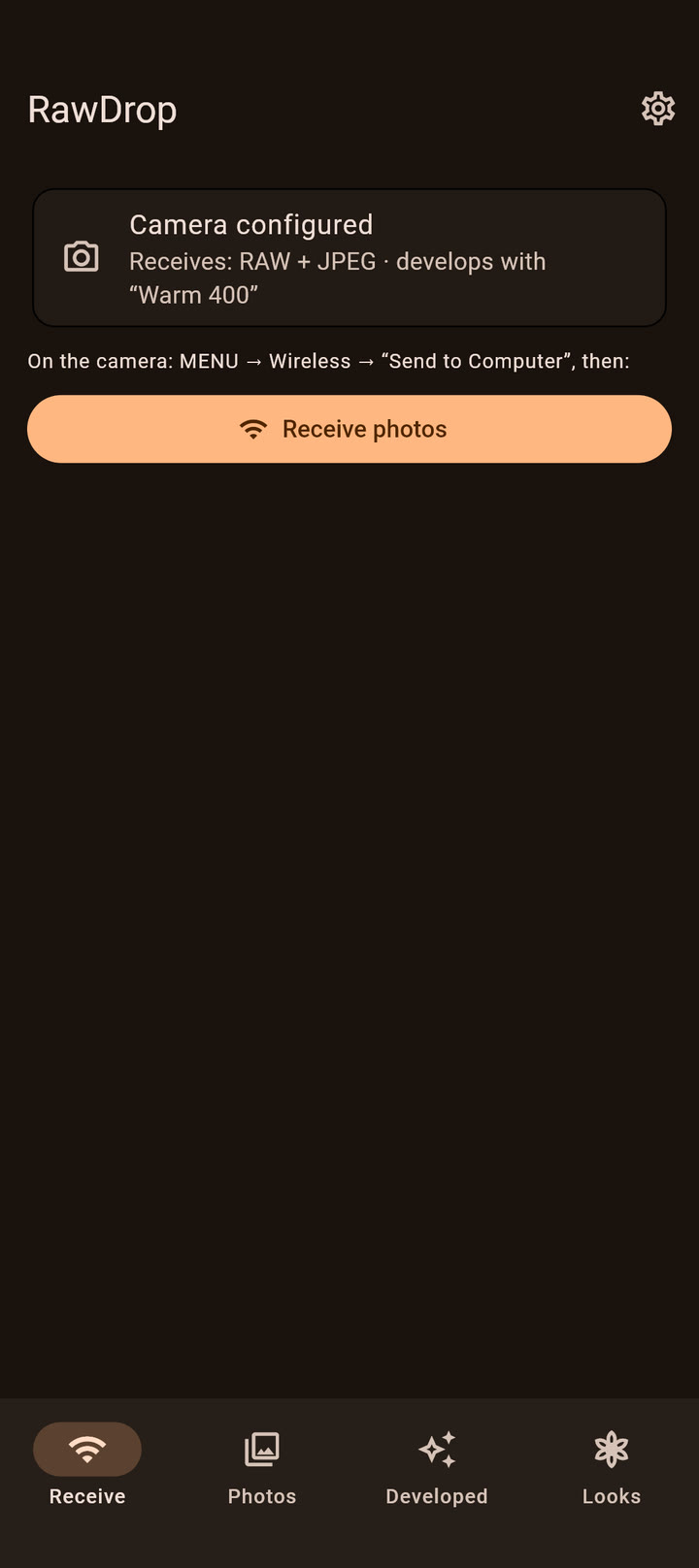 RawDrop “Receive” screen: camera configured, receiving RAW + JPEG, “Receive photos” button.