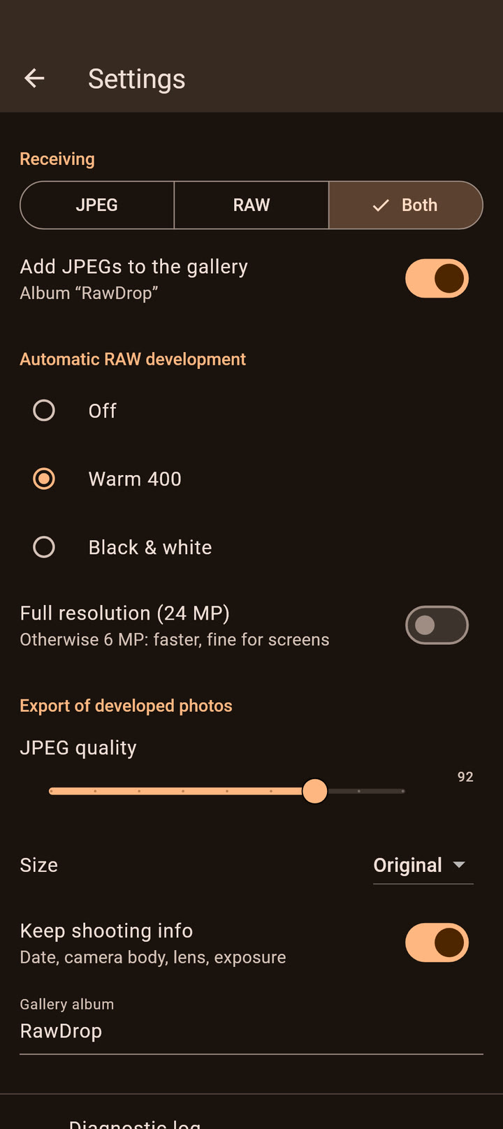 RawDrop screenshot: Settings
