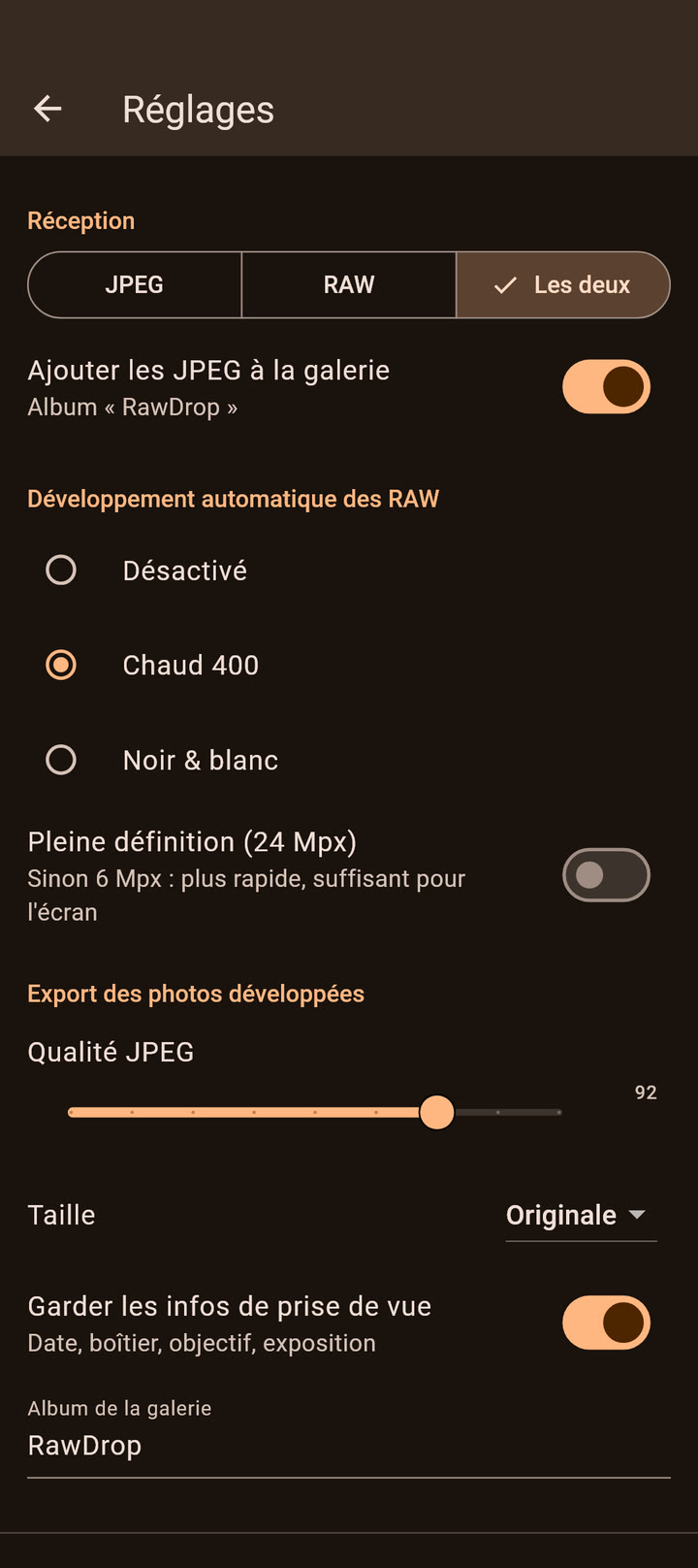Capture d’écran de RawDrop : Réglages